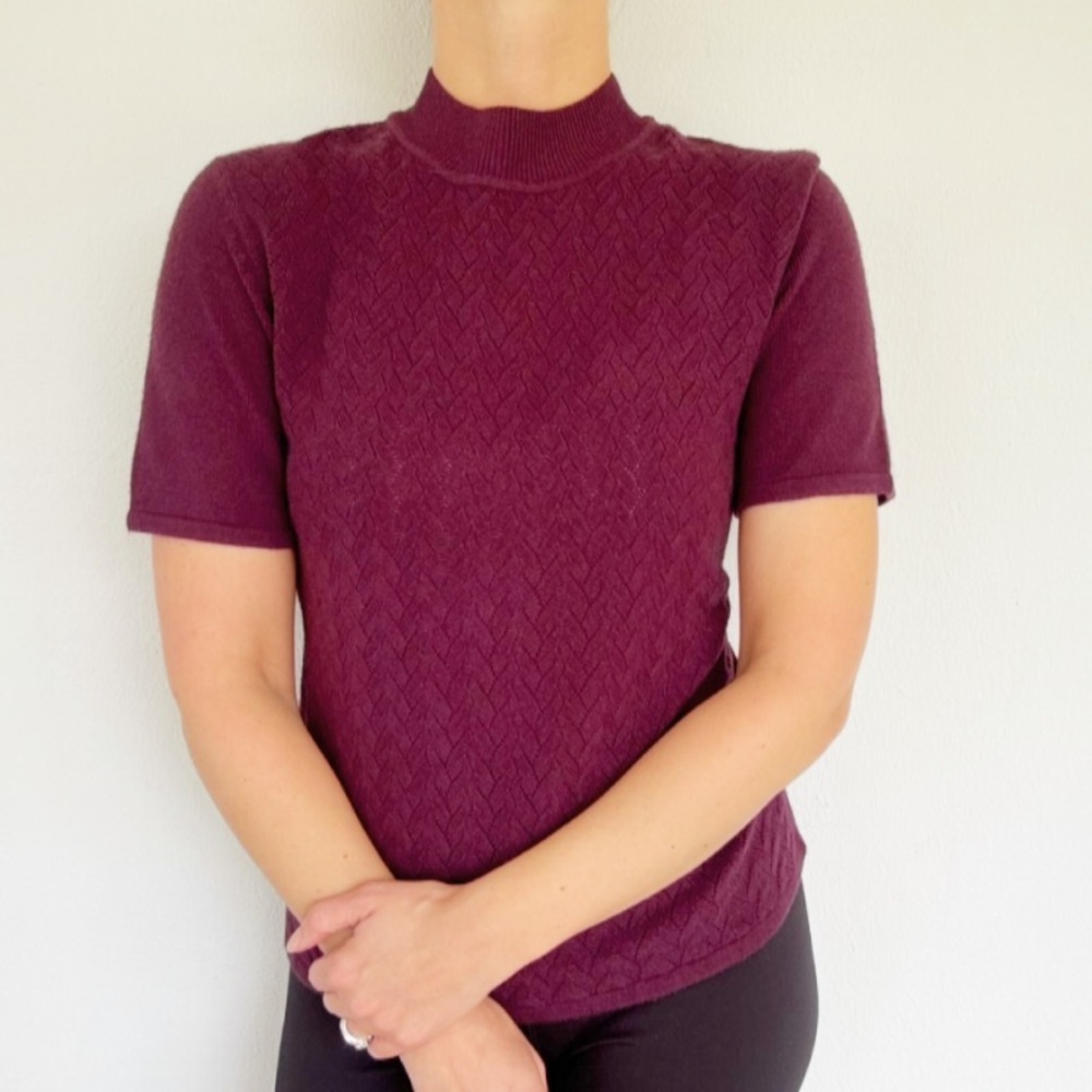 Vintage Koret Petite plum purple mock neck short sleeve cable knit sweater PL